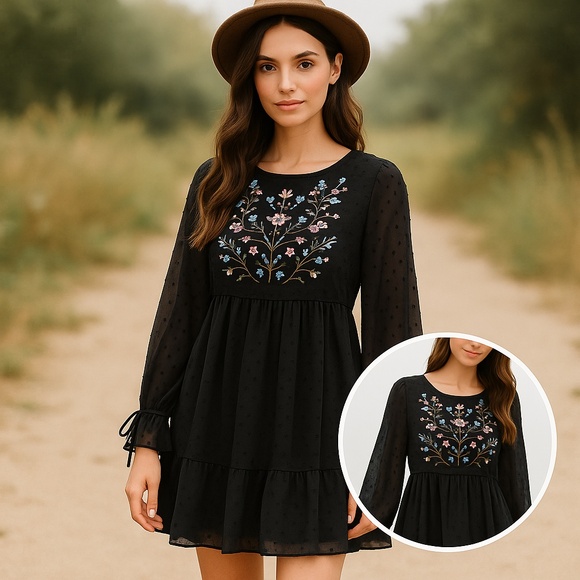XHILARATION Black Swiss Dot Floral Embroidered Babydoll Dress M - Picture 1 of 16